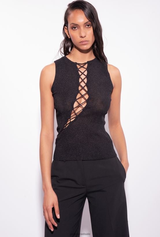 למעלה | Pinkoלימוזינה שחורה חלק עליון בסריג צלעות לורקס עם דיטיילים מוצלבים 4J84TD457