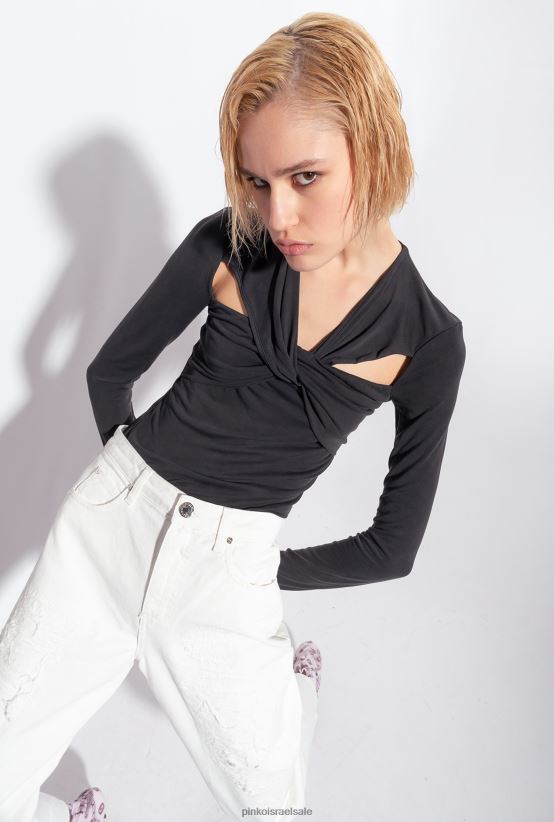 מגשרים | Pinkoלימוזינה שחורה חלק עליון עם שרוולים ארוכים עם פרטי קרוסאובר 4J84TD545